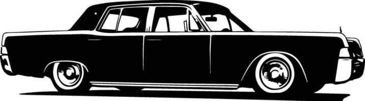An old car is shown in black and white vector