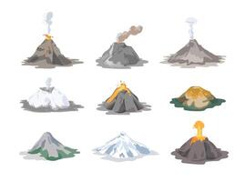 Collection of inactive and active volcanoes erupting and emitting smoke, ash clouds and lava isolated on white background. Bundle of volcanic eruptions. Colorful illustration in flat style. vector