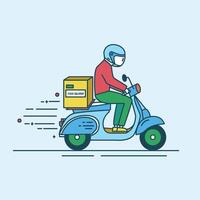 Man in helmet riding scooter with carton box with products from grocery store, shop or supermarket. Food delivery service worker or courier. Colored illustration in modern line art style. vector