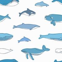Elegant seamless pattern with different aquatic animals or marine mammals hand drawn on white background - whales, narwhal, dolphin, cachalot. illustration for fabric print, wrapping paper. vector