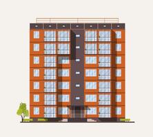 Exterior or facade of tall city apartment building built with concrete prefabricated panels or blocks in modern architectural style isolated on white background. Flat colorful illustration. vector