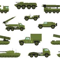 Seamless pattern with military transport on white background - tank, artillery tractor, rocket launching system. Backdrop with combat vehicles of various types. Realistic illustration. vector