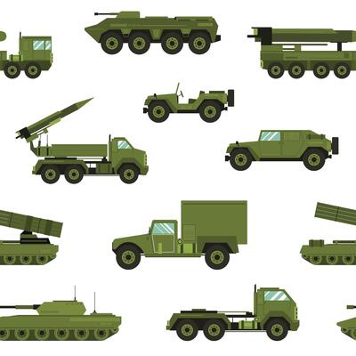 Seamless pattern with military transport on white background - tank, artillery tractor, rocket launching system. Backdrop with combat vehicles of various types. Realistic illustration.