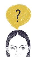 Head of young woman and thought bubble with interrogation point inside. Portrait of thoughtful girl thinking about problem solving and answering inner questions. Hand drawn illustration. vector