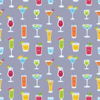 Seamless pattern with drinks in glasses with cute funny faces. Backdrop with fruit juices, alcoholic cocktails, refreshing beverages, smoothies or lemonades. illustration in flat cartoon style. vector