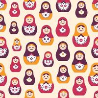 Seamless pattern with traditional Russian folk handcrafted nesting dolls. Backdrop with matryoshkas of various size. Flat colorful illustration for wrapping paper, textile print, wallpaper. vector