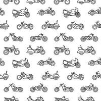 Seamless pattern with motorcycles of various types drawn with black contour lines on white background - chopper, bobber, sport and motocross bikes. illustration in modern lineart style. vector