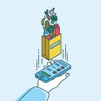 Hand holding smartphone and paper bag with products. Concept of food delivery service or mobile application for online grocery store or shop. Colorful illustration in modern line art style. vector