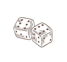 Pair of dice lying with sixes on top side drawn with contour lines on white background. Throwable gambling device for tabletop, board and casino games. Symbol of good luck. illustration. vector