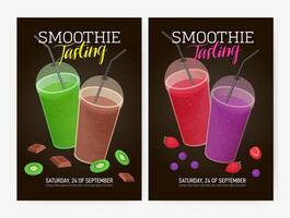 Set of flyer or poster templates for smoothie tasting party with delicious fresh fruit, berry and chocolate drinks in plastic glasses with lids and straws. illustration for event promotion. vector