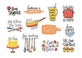Bundle of inscriptions handwritten with cursive calligraphic font and decorated with kitchen utensils and food. Set of elegant lettering and tools for cooking or food preparation. illustration. vector