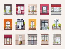 Collection of windows and balconies of modern and old-fashioned styles. Bundle of elegant building decorations, architectural elements or exterior details. Flat colorful illustration. vector