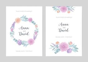 Bundle of elegant wedding invitation templates decorated with wreath and bouquets made of blooming flowers. Set of cards with floral decorative elements and place for text. illustration. vector