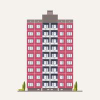 Modern pink prefabricated panel building built in Soviet architectural style. Exterior or facade of residential house with balconies isolated on white background. Flat colorful illustration. vector