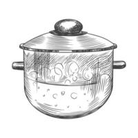 Glass cooking pot of boiling water in engraving style on white background. Sketch style cookware. Hand drawn black and white stew pot with lid vector