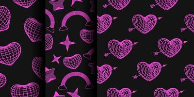 Set of seamless patterns with pink wireframe hearts, stars, rainbow with clouds on black background. Cyberpunk style texture with geometry grid. Y2K retro wave. 2000s psychedelic rave style vector