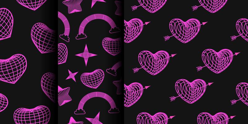Set of seamless patterns with pink wireframe hearts, stars, rainbow with clouds on black background. Cyberpunk style texture with geometry grid. Y2K retro wave. 2000s psychedelic rave style