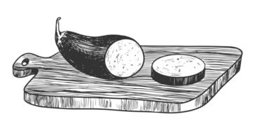 Sketch of sliced eggplant on cutting board isolated on white background. Hand drawn cutting board and vegetable. Vintage engraving. Rustic style food vector
