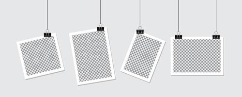 Collage picture of a photo frame with a paper clip hanging on a wall vector