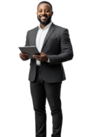 Project manager standing confidently with a tablet and professional attire showing leadership and success present on a transparent background png
