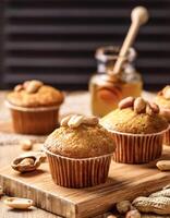 Peanut Muffins. Fluffy peanut muffins with a drizzle of honey, presented on a wooden board photo