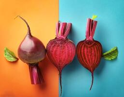 Red beetroot and beetroot cross sectoin. Full Frame, Top View. Flat lay, top view. Pop art design, creative summer concept. photo