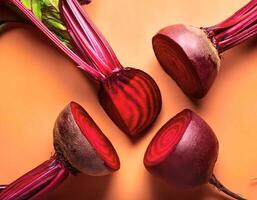 Red beetroot and beetroot cross sectoin. Full Frame, Top View. Flat lay, top view. Pop art design, creative summer concept. photo