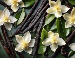 a Vanilla pods, green leaves and flowers photo