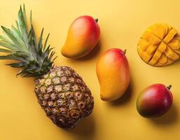 A mango and pineapple isolated on yellow background photo
