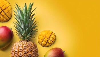 A mango and pineapple isolated on yellow background photo