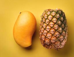 A mango and pineapple isolated on yellow background photo