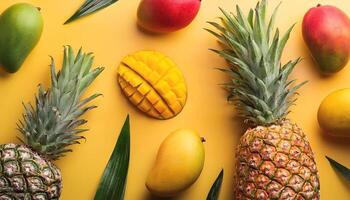 A mango and pineapple isolated on yellow background photo