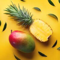 A mango and pineapple isolated on yellow background photo