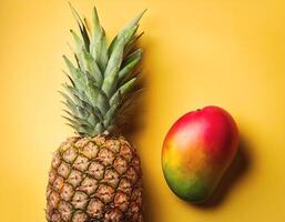 A mango and pineapple isolated on yellow background photo