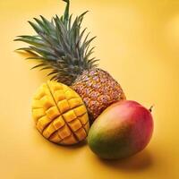 A mango and pineapple isolated on yellow background photo
