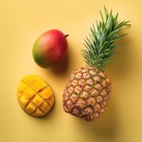A mango and pineapple isolated on yellow background photo