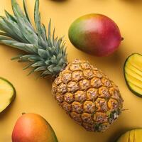A mango and pineapple isolated on yellow background photo
