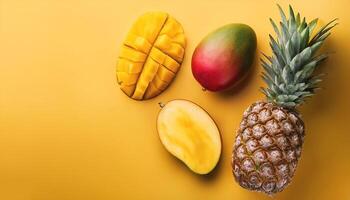 A mango and pineapple isolated on yellow background photo