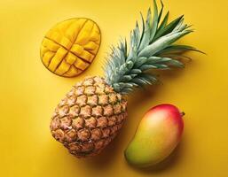 A mango and pineapple isolated on yellow background photo