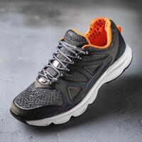 A pair of insulated running shoes on a concrete surface. Sports Shoes photo