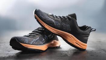 A pair of insulated running shoes on a concrete surface. Sports Shoes photo
