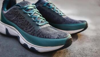 A pair of insulated running shoes on a concrete surface. Sports Shoes photo