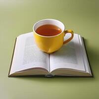 An open book with a cup of tea beside it isolated on minimalist background photo