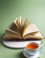 An open book with a cup of tea beside it isolated on minimalist background photo