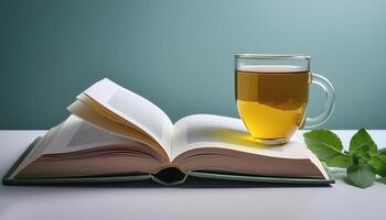 An open book with a cup of tea beside it isolated on minimalist background photo