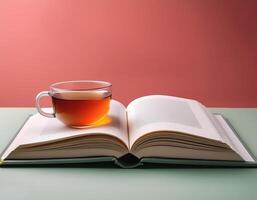 An open book with a cup of tea beside it isolated on minimalist background photo