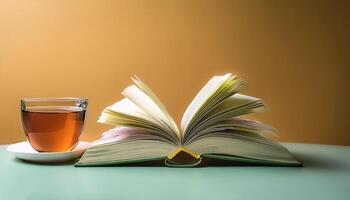 An open book with a cup of tea beside it isolated on minimalist background photo