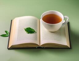 An open book with a cup of tea beside it isolated on minimalist background photo
