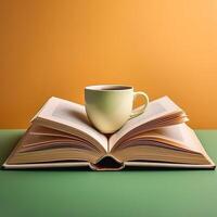 An open book with a cup of tea beside it isolated on minimalist background photo