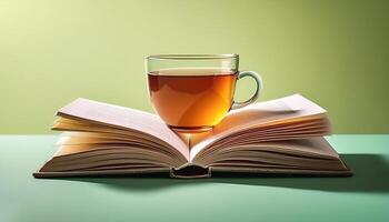 An open book with a cup of tea beside it isolated on minimalist background photo